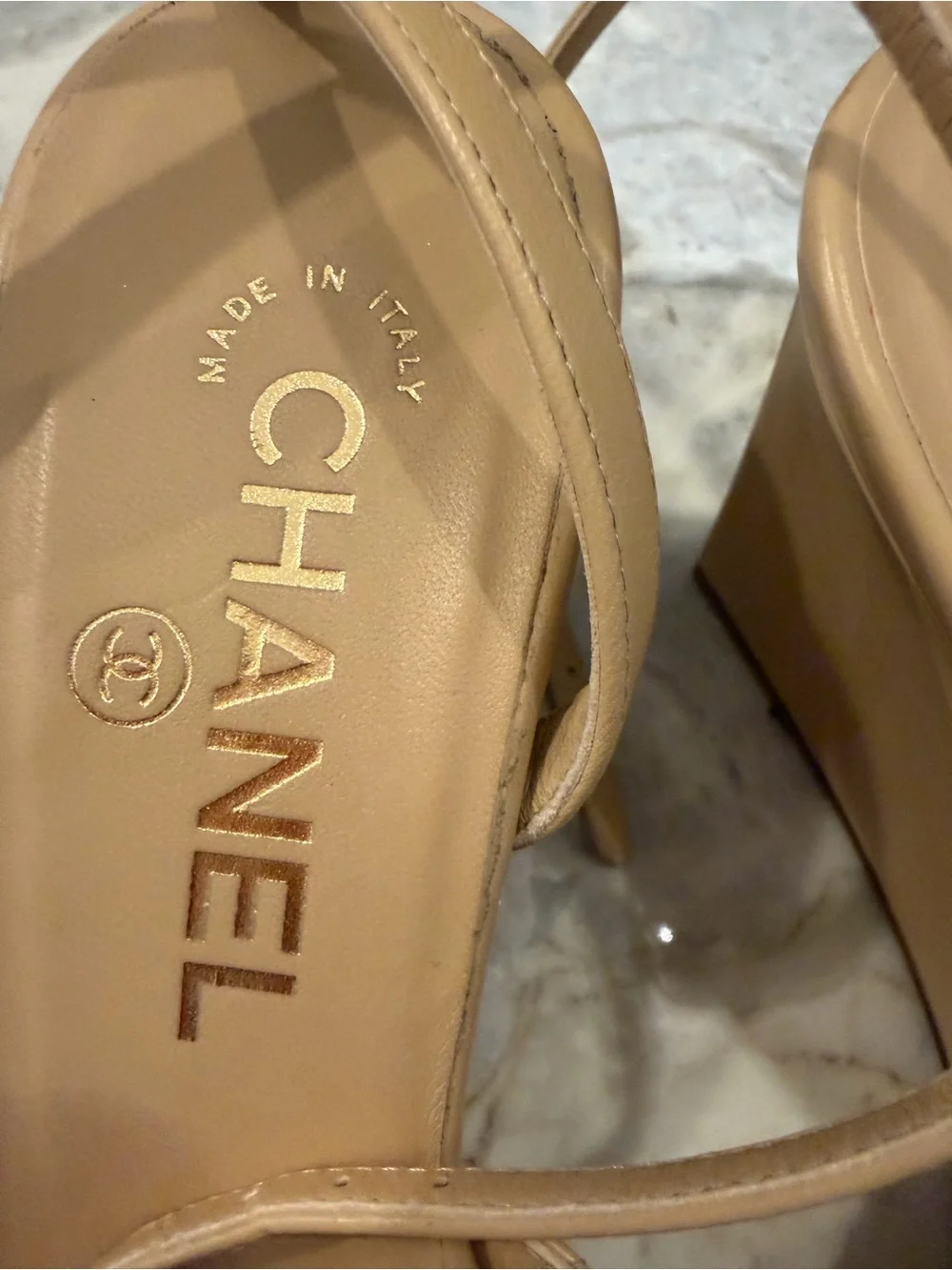 CHANEL Beige Quilted Leather Open-Toe wedge sandal